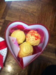 Red velvet cupcakes with yellow cream cheese icing. For my fake Valentine post-Valentine's day.
