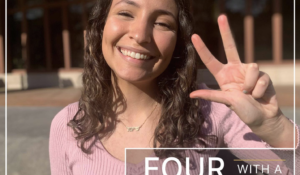 Student Jeanette Hurwitz showing the VU hand sign outside