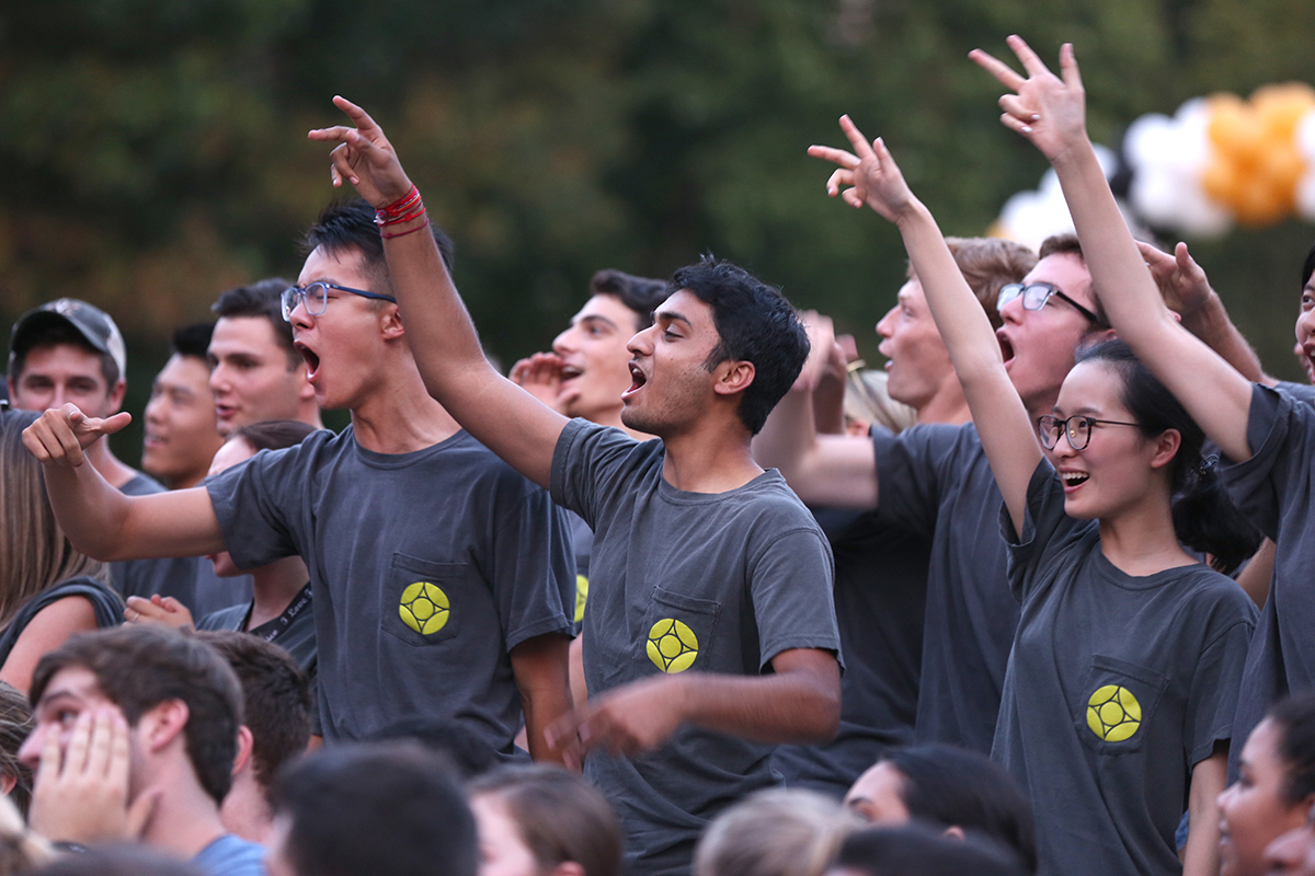 first-year students cheering at founders walk