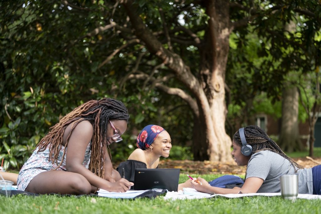 students studying on alumni lawn