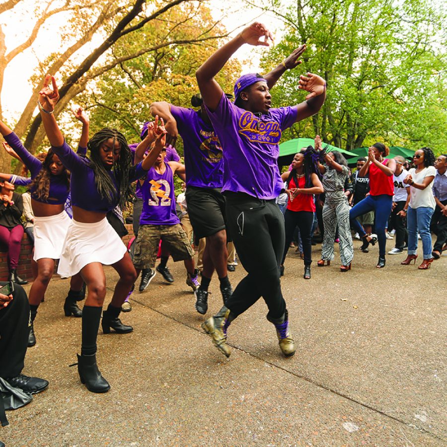 Fraternity and Sorority houses put on a Step Show outside Rand Hall during Reunion Weekend. (John Russell/Vanderbilt University)