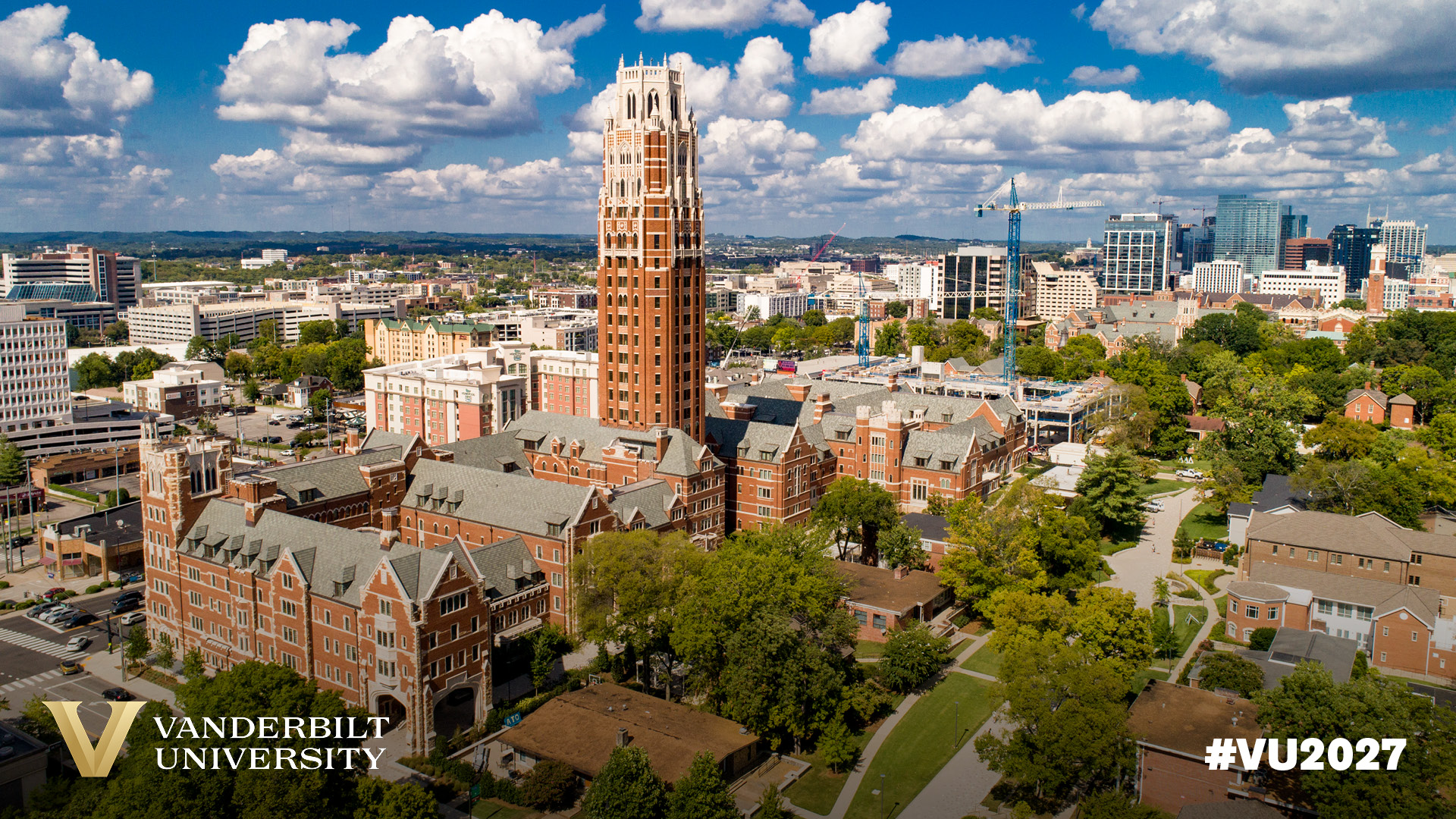 aerial view of campus showing Zeppos tower and Nashville in background