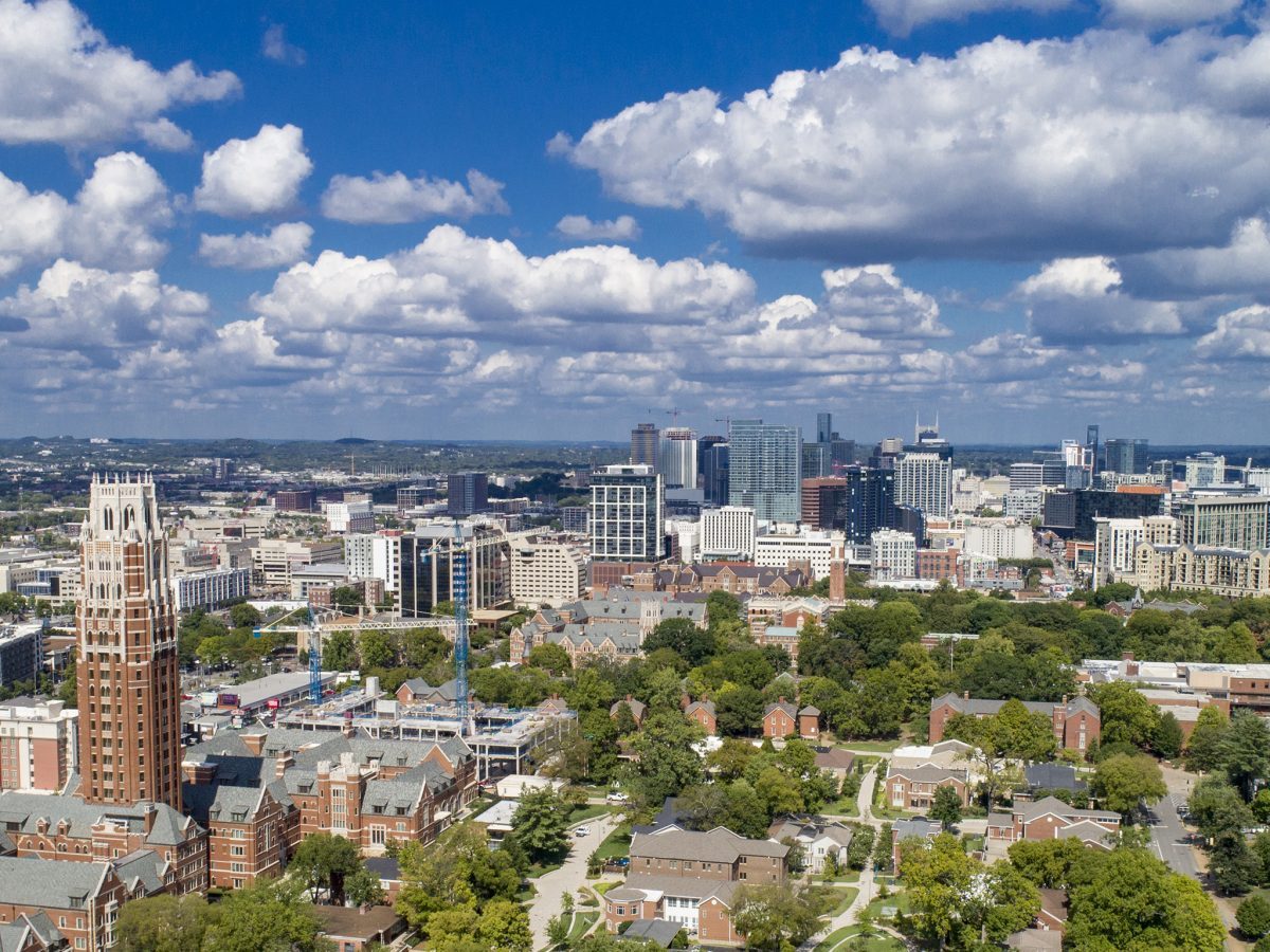 aerial photograph of downtown Nashville with Vanderbilt's campus in the foreground. white clouds in in a bright blue sky