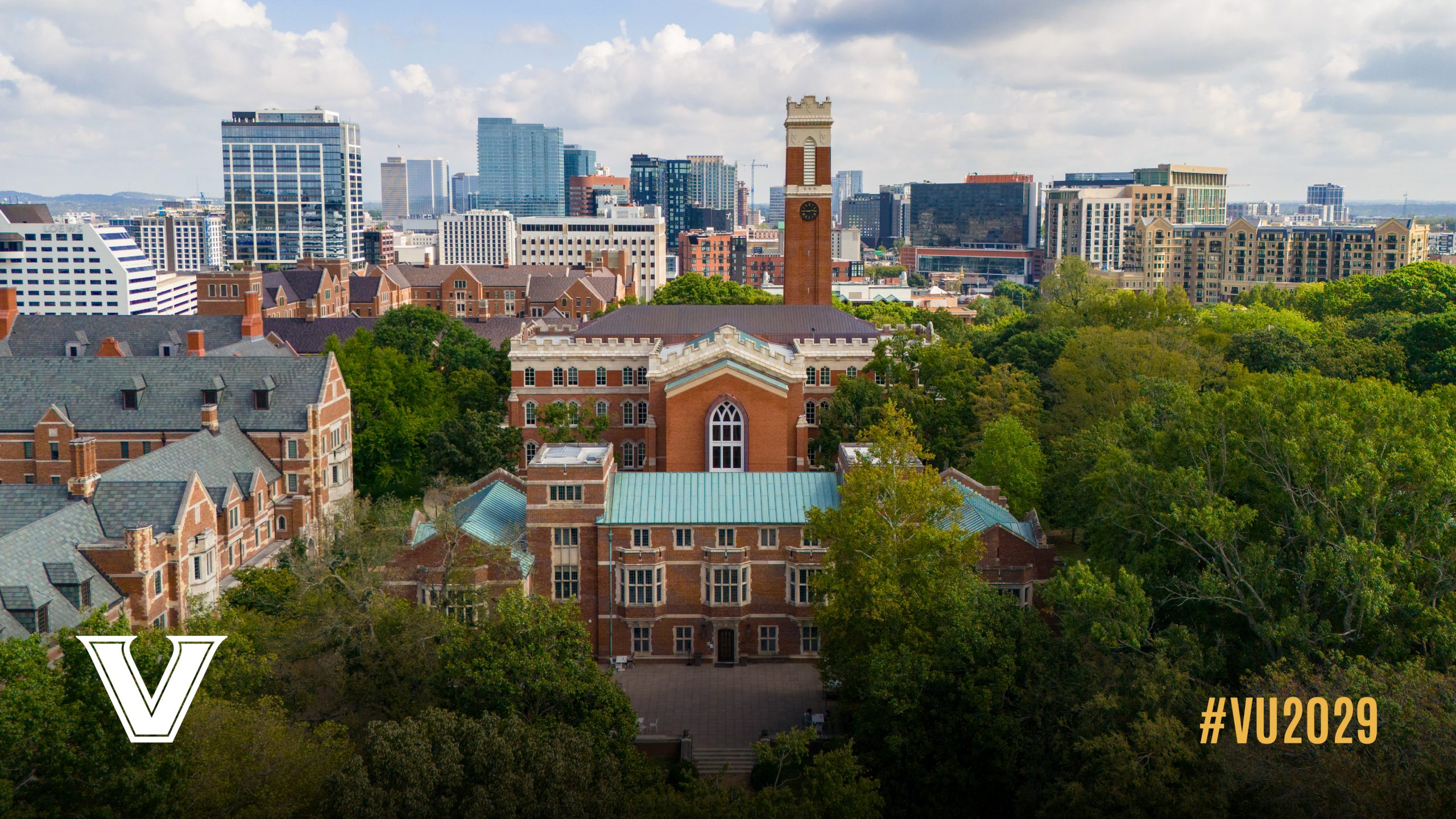 aerial view of campus showing Kirkland tower and Nashville in background